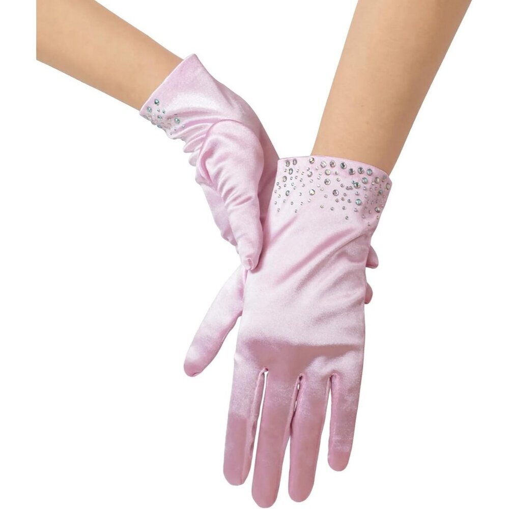 Women's Pink Sparkly Glitter Rhinestone Stretchy Satin Wrist Length Gloves